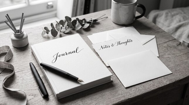 Journal and stationery on a wooden desk