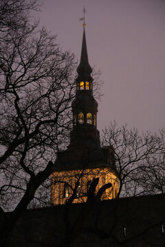 illuminated baroque clock tower and spire of St. Mary's Cathedral (Toomkirik) framed by bare tree branches in Tallinn