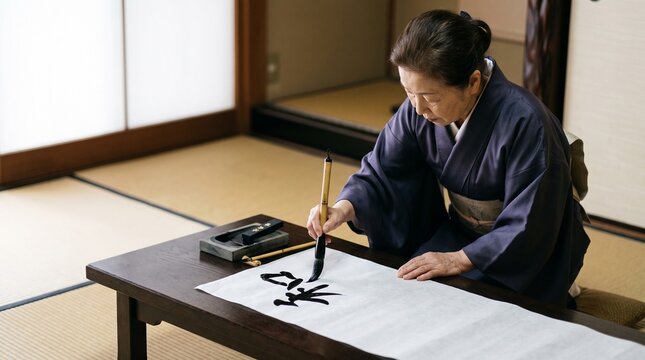 Japanese woman practicing calligraphy in traditional kimono