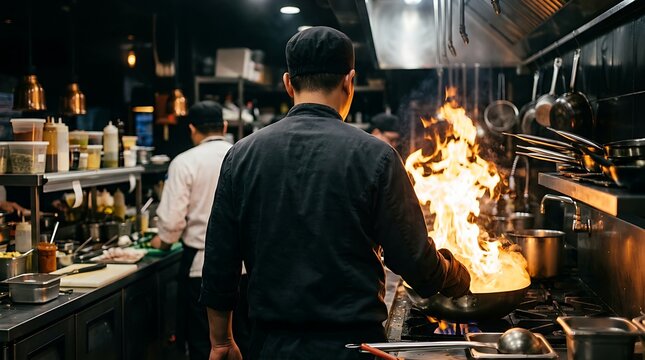 Focused chef tossing food over fiery flames in a dark stainless steel restaurant kitchen during dinner service.