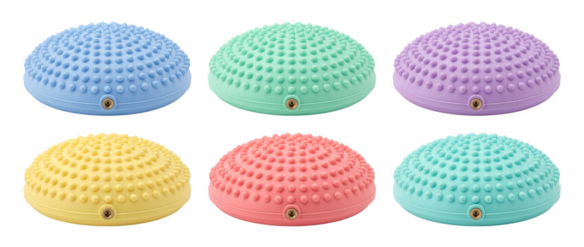 Balance Pods Wobble Cushion Disc set for fitness training, sensory therapy, core exercise, posture stability, and physical rehab, colorful textured inflatable domes on black background.
