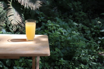 Glass of orange juice on a wood table in the garden with a space for writing. Fruit juice in summer with a green background and vegetation. Refreshment and natural juice in orange color. © Martine