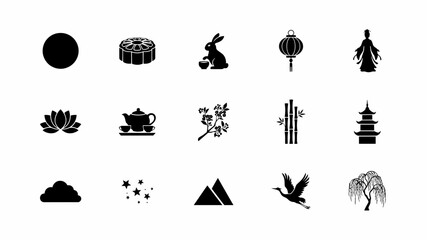 Naklejka premium Elegant black and white cultural symbols icon set with traditional motifs with organized grid visual harmony cultural inspiration icons representing traditional