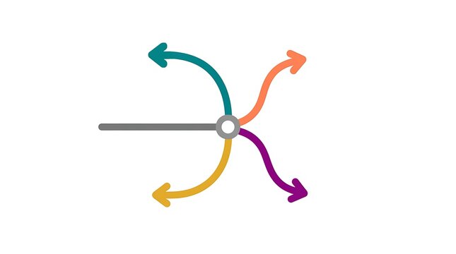 Abstract flow diagram with colorful diverging arrows and curved paths for business strategy and decision making
