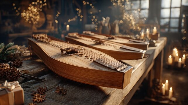 Festive dulcimer workshop with handcrafted holiday instruments on bench,