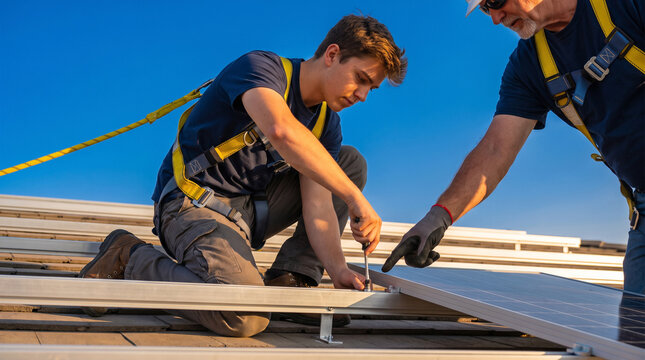Apprentice secures a solar panel mounting point