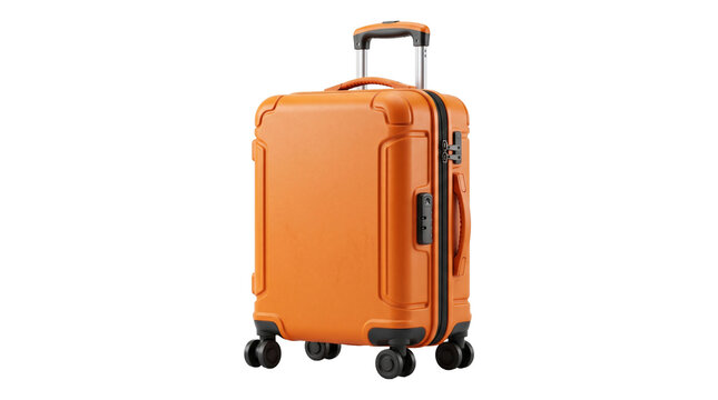 Bright orange modern suitcase with spinner wheels and retractable handle for travel adventures.