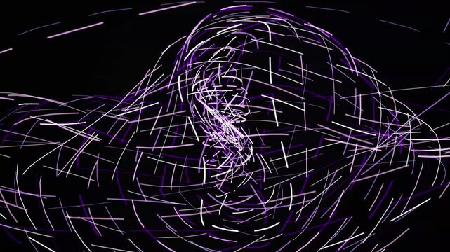 Purple and white light threads weaving into abstract glowing sphere on black background