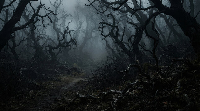 Dark spooky haunted forest with bare twisted tree branches and dense eerie fog