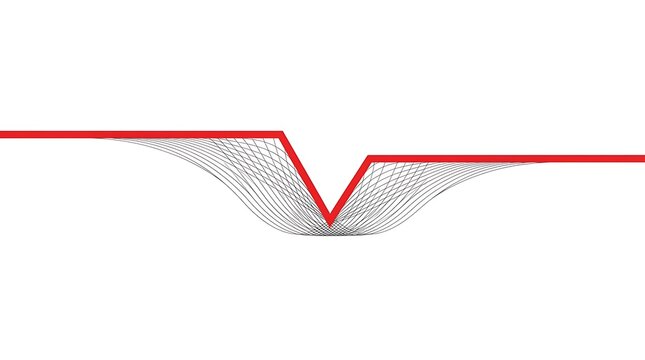Abstract geometric line art featuring a symmetrical V-shaped notch with converging red and grey lines on a plain white background