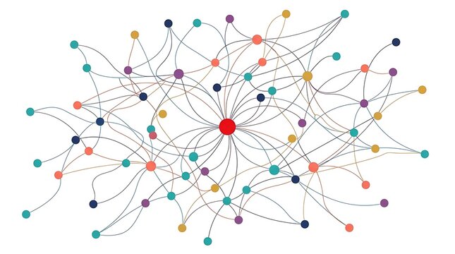 Abstract network diagram with a central node and colorful radiating connections on a white background