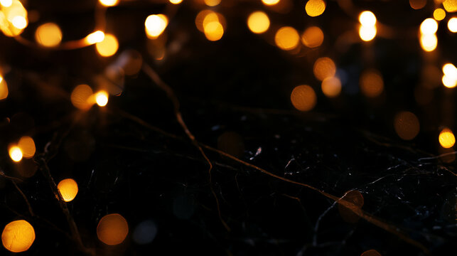 Christmas string lights glowing with warm golden bokeh over glossy black marble creating an elegant festive background with copy space. 
