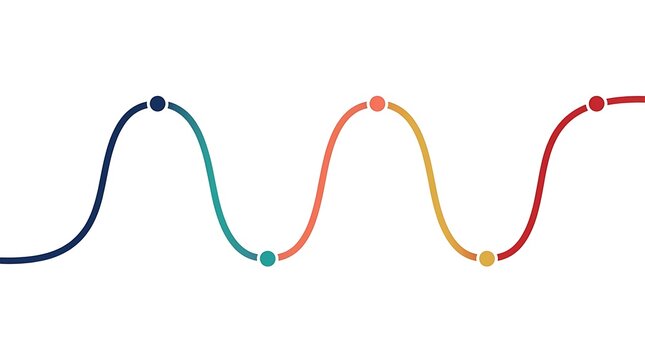 Minimalist multicolored sinusoidal wave line with dots on a white background for data visualization and process flow diagrams