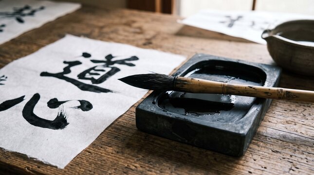 Traditional Japanese calligraphy brush and inkstone on wooden table