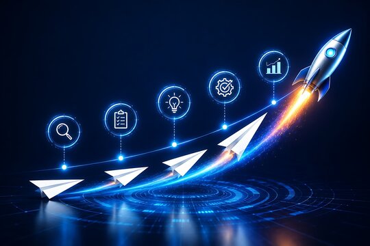 Business growth strategy conceptual illustration featuring paper planes transforming into a rocket launching on digital
