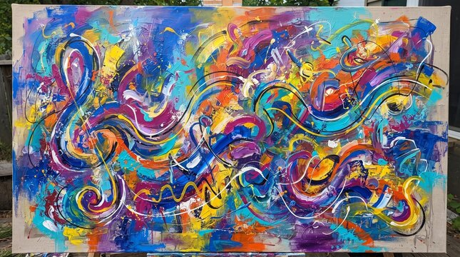 Vibrant abstract music painting on canvas with treble clef