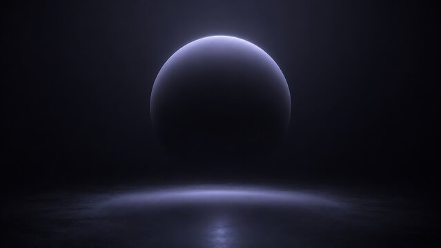 Minimalist glowing sphere floating above dark reflective surface abstract background