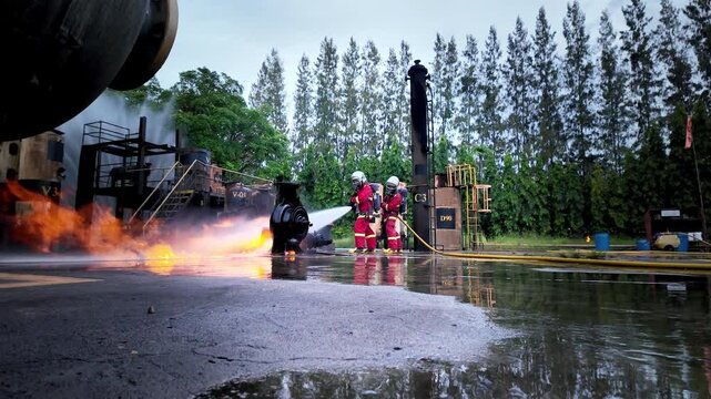 Firefighters use a water hose to suppress an industrial fire during emergency response training in a wet outdoor facility