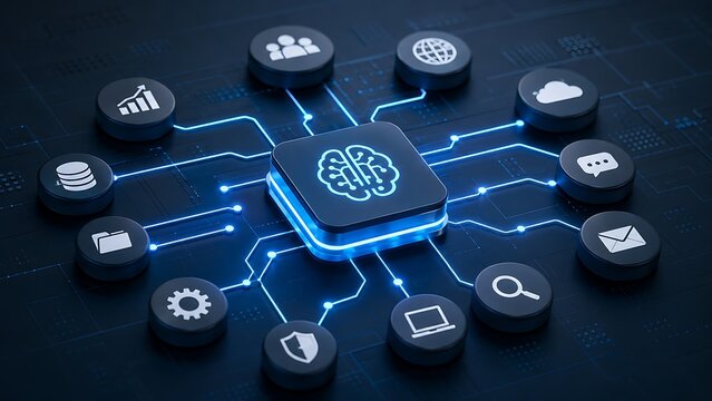 Artificial intelligence central processor connected to digital business network icons