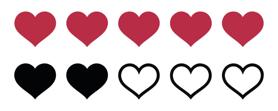 Set of heart icons filled and outlined in red and black for love and emotion symbols.