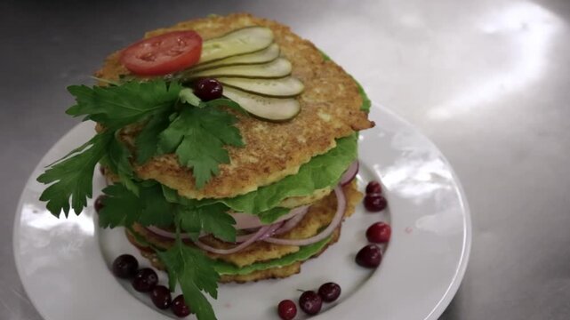 A close-up shot of a stack of golden-brown pancakes adorned with fresh vegetables  herbs  and garnishes  served on a white plate.