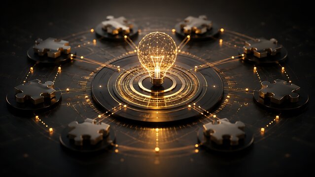 Central glowing light bulb connected to surrounding metallic puzzle pieces in digital network concept