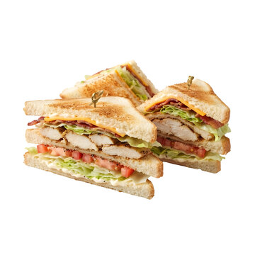 Three toasted club sandwiches with chicken, bacon, lettuce, tomato, cheese and mayonnaise, isolated on transparent background