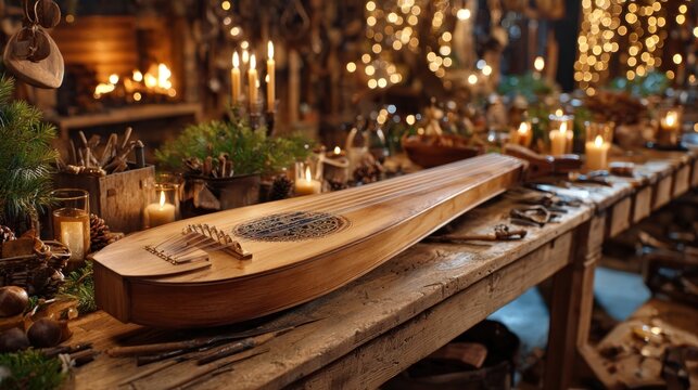 Festive dulcimer workshop with handcrafted holiday instruments on bench,