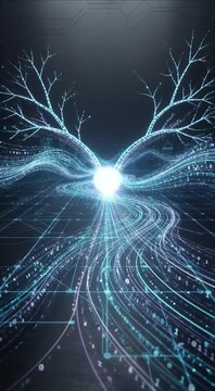 Data stream fiber optic network digital tree illustration glowing blue light dark future technology scene with digital line flow technology abstract background connection signal transmission speed