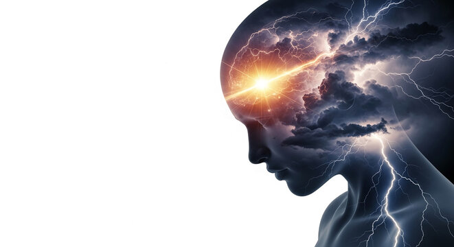 Silhouette of a human head with a stormy sky and lightning inside, symbolizing a powerful mind and creative energy, with free space.