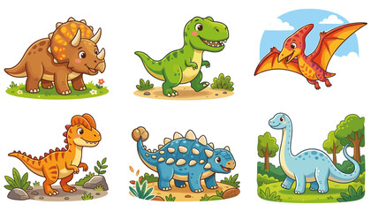 Cute Dinosaur Character Collection Featuring Triceratops T Rex Pterodactyl Stegosaurus and Brachiosaurus Prehistoric Animals Vector Illustration © monira