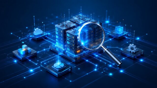 Data center server infrastructure analysis with magnifying glass digital concept