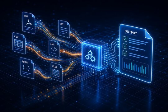 Digital data processing workflow concept with multiple file format integration