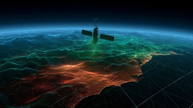 Satellite remote sensing visualization, terrain mesh, geospatial data and earth monitoring. Stock Illustration