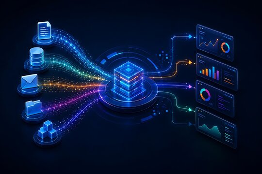 Digital data processing flow showing centralized server analytics dashboard visualization