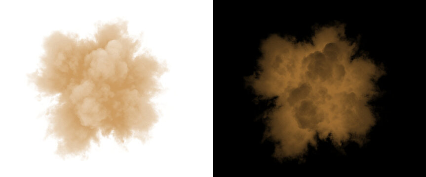 Golden sand explosion on white and black background, brown dust cloud burst, realistic powder splash for design overlays