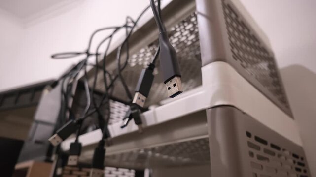 Slow motion shot of multiple black USB cables dangling from a white plastic rack shelf in a modern office setup.
