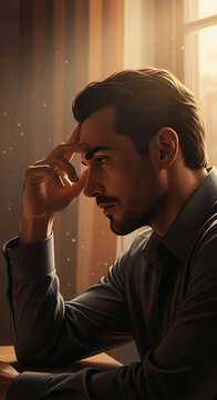 Profile of a pensive man with hand on forehead, bathed in warm light. Symbolizes contemplation, introspection, and deep thought, ideal for business or lifestyle themes.