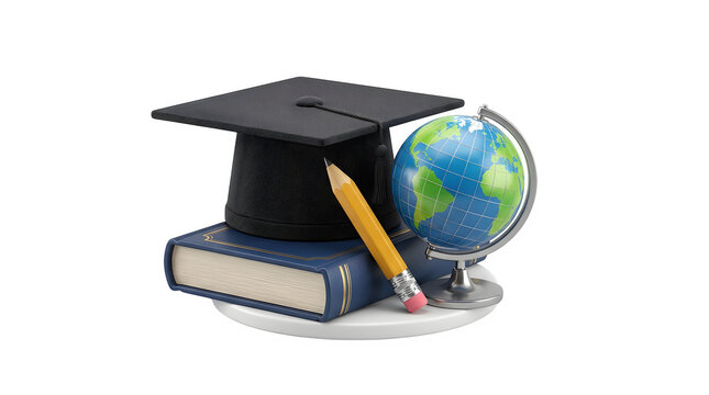 Graduation cap, book, pencil, and globe isolated on transparent background
