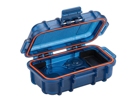 Blue Waterproof Hard Case Open showing empty compartment orange rubber gasket seal for protecting gear equipment and small electronics during extreme outdoor adventure travel object background.