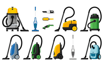 Vacuum cleaner vector set with canister upright handheld industrial wet dry and cordless vacuums for house cleaning service elements © tuzam