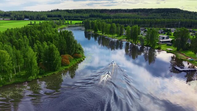 Drone view of two small boats sailing on a big river or a canal