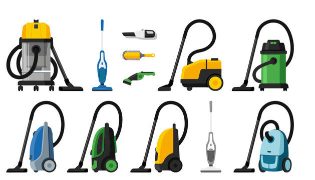 Vacuum cleaner vector set with canister upright handheld industrial wet dry and cordless vacuums for house cleaning service elements