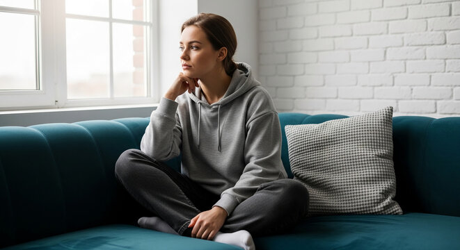 Young woman sitting on sofa looking out window, symbolizing contemplation, indoor scene, and quiet introspection, evoking a sense of peace.