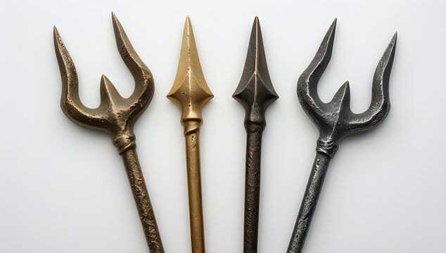 Set of four ancient metal trident and spear weapons illustration