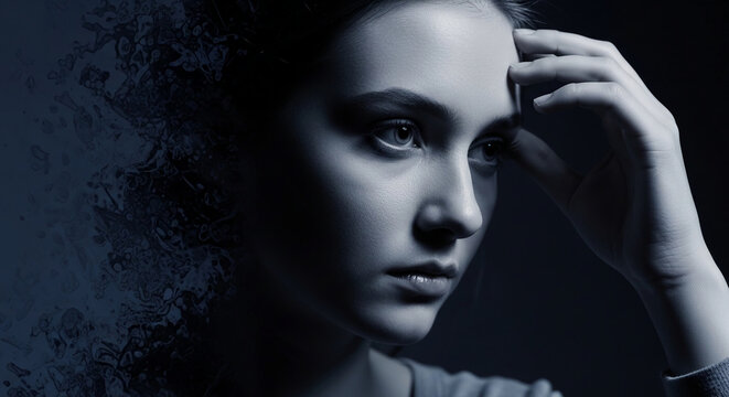 Close-up of a young woman's face with hand on forehead, parts dissolving into abstract shapes, symbolizing thought, distress, or transformation