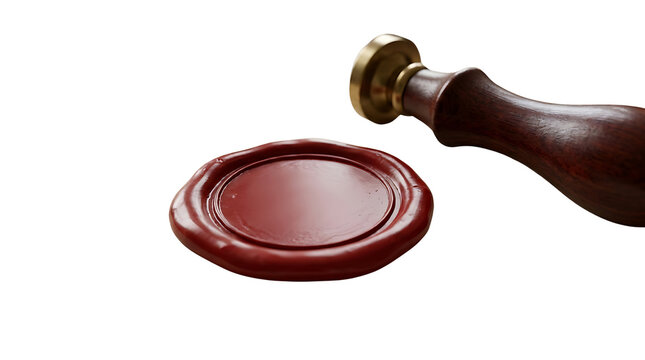 Wax seal stamp and impression on white background, creating a classic and elegant mark