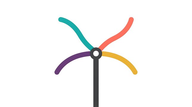 Minimalist stylized pinwheel illustration with colorful curved blades on a plain white background