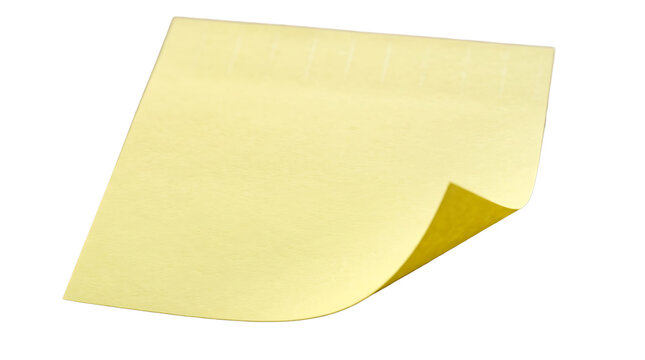 Yellow adhesive sticky note with curled corner isolated on white background for office reminders and memos