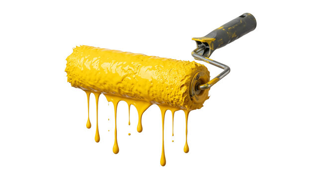 Paint roller tool saturated with thick yellow paint drips isolated on transparent background png file.